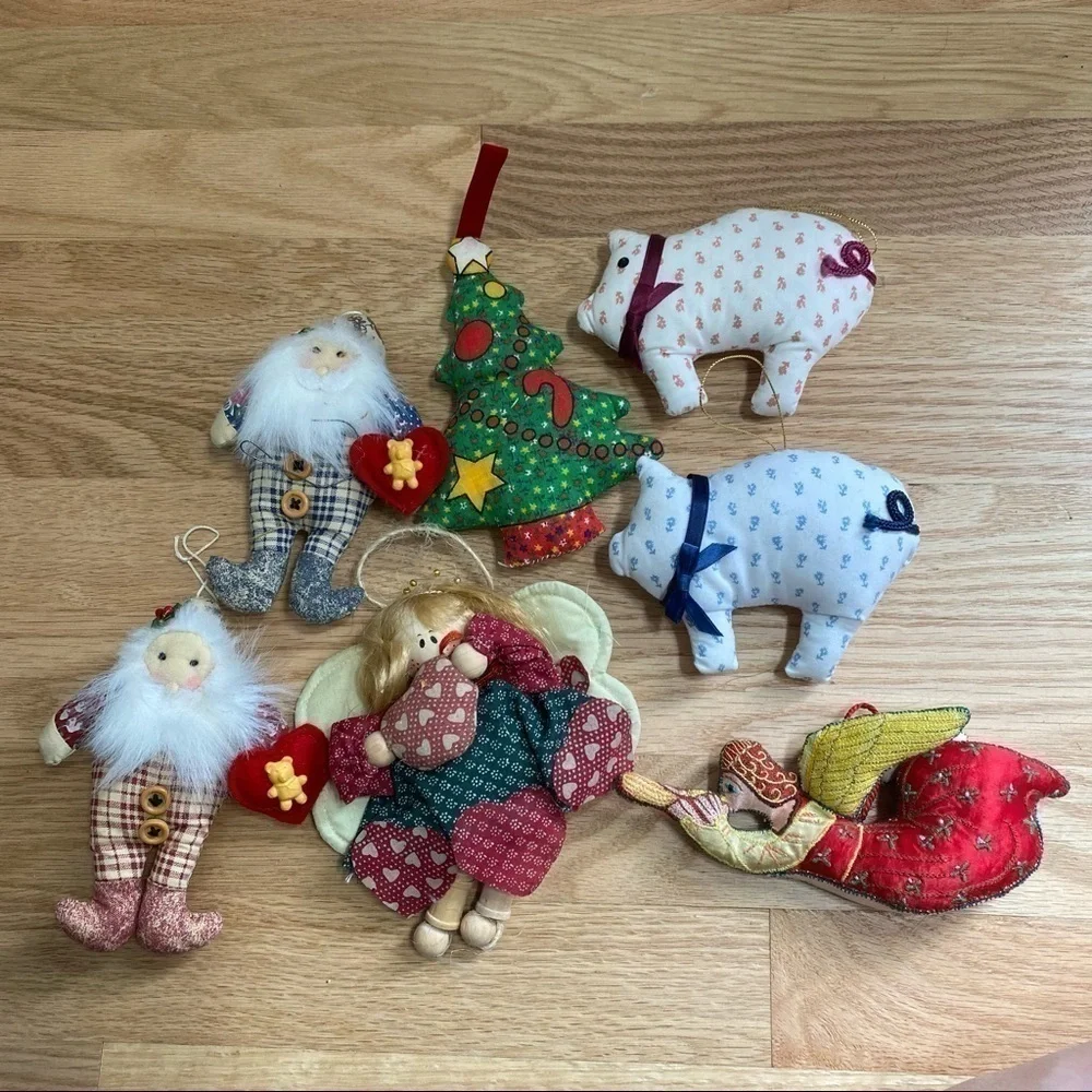 Vintage Stuffed Pig Santa Christmas Ornaments Sewn Plush Angel Tree